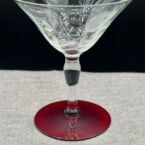 1940s vintage etched crystal cocktail glasses (3 available) ruby red foot MCM